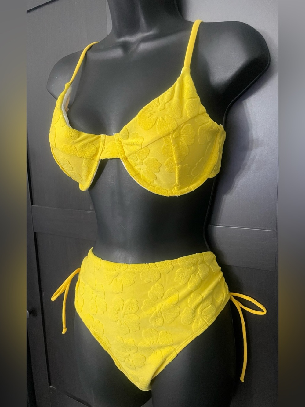 Amazon Yellow Terry Cloth Textured Floral High-Waist Bikini Set - NWOT